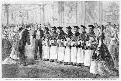 1868年6月20日の「フランクレスリーのイラスト入り新聞」からの1868年5月30日、ニューヨークのトラベラーズクラブでのバーリンゲームと中国大使館の会員のレセプション 作： Frank Leslie